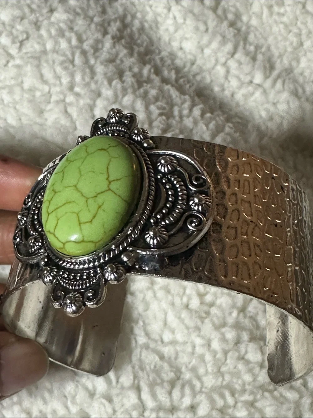 Silver Cuff Bracelet with Lime Green Stone